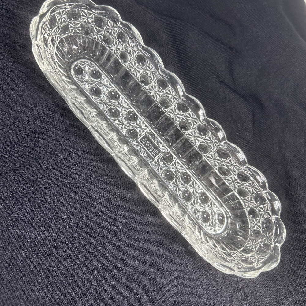 Vintage 1970s Avon Clear Glass Daisy & Button Relish Celery Serving Dish Oblong